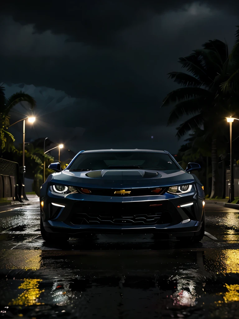 crie uma imagem ultra realista, in as much detail as possible, and extremely faithful to reality, very colorful, of a Chevrolet Camaro Preto, with the headlights on and slightly blue, on a road at night with rain, with lampposts, with a very cloudy and a little dark sky.