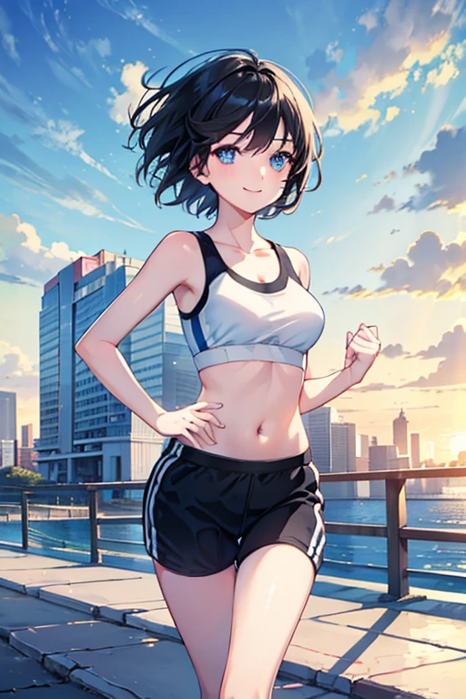 ((Highest quality)), ((masterpiece)), (Familiar), Illustration Style,Perfect Face,1 Girl,Black Hair,Short Hair,Glowing Skin,big, Bright Blue Eyes,Beautiful Bangs,Small breasts,Super Beauty,woman,16 years old,Sports Bra ,Beautiful clothes,noon,smile,jogging