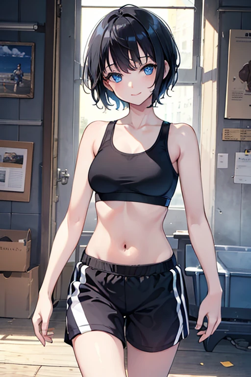 ((Highest quality)), ((masterpiece)), (Familiar), Illustration Style,Perfect Face,1 Girl,Black Hair,Short Hair,Glowing Skin,big, Bright Blue Eyes,Beautiful Bangs,Small breasts,Super Beauty,woman,,Sports Bra ,Beautiful clothes,noon,smile,jogging