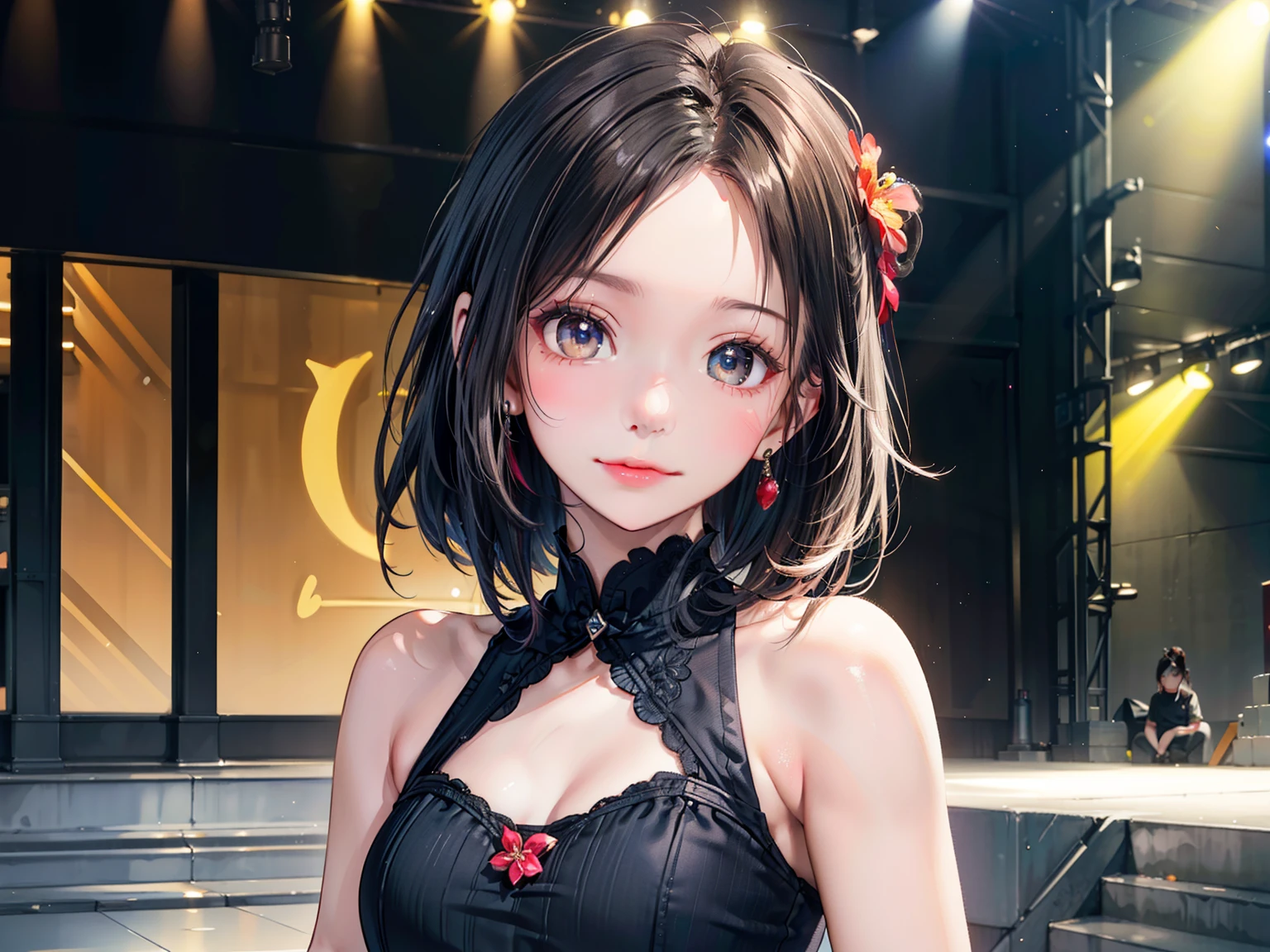 ((Best of the highest quality, 8k, Masterpiece, raw photo: 1.1)), (Sharp focus: 1.1), (1 AESPA, slim body type female, 22 y/o: 1.1), solo, Portrait Waist Up, (realistic, photo-realistic:1.37), face focus, cute face, finely eyes, (forehead, short hair, updo: 1.28), (sharp chin, droopy eyes: 1.32), (Emphasize prominent aegyo-sal with bright: 1.28), shimmering eyeshadow applied under the lower lash line, paired with thick, (small breasts, flat chest: 1.2), alternative outfit, walking on stage, microphone, flower,