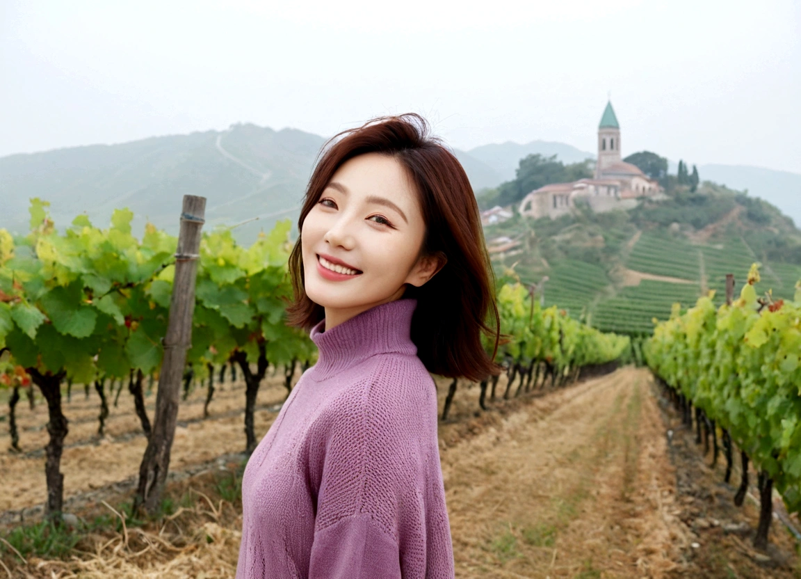 8k best picture quality, Beautiful 36-year-old Korean woman, clear and nice weather. Chest size 34 inches, italian countryside, past the vineyard, The cathedral is visible in the fog in the distance., The back background is realistic and vivid image quality, Short and medium hair blowing in the wind, Wearing high-end luxury knitwear. casual pants, Smile. the background is clear, Short and slim Korean woman, stand far away, Photo taken with a wide-angle lens, 1 woman
