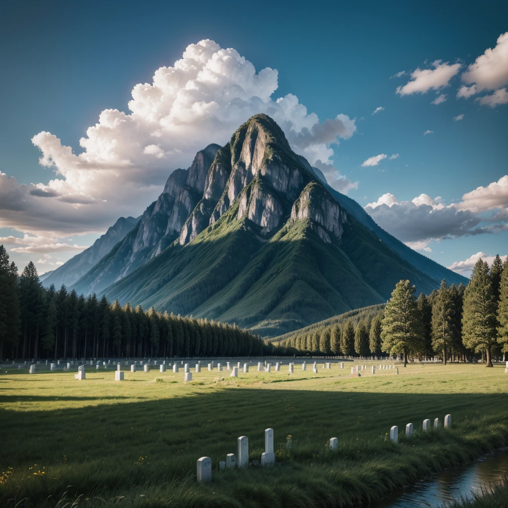 cemetery, mountainscape, rivers, auspicious clouds, sunshine light, Master Pieces, super detaill, epic composition, ultra HD, high qualiy, extremely detaild, offcial art, 8k unified wallpaper, super detaill, 32k - v.6