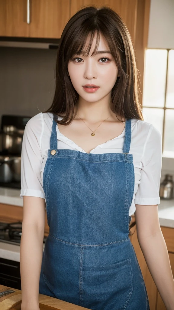 (Best quality, 8k, masterpiece: 1.3), a beautiful woman with perfect figure: 1.2, dark brown hair, wearing a pendant, wearing an apron, in the kitchen, highly detailed face and skin, detailed eyes, double eyelids, big breasts