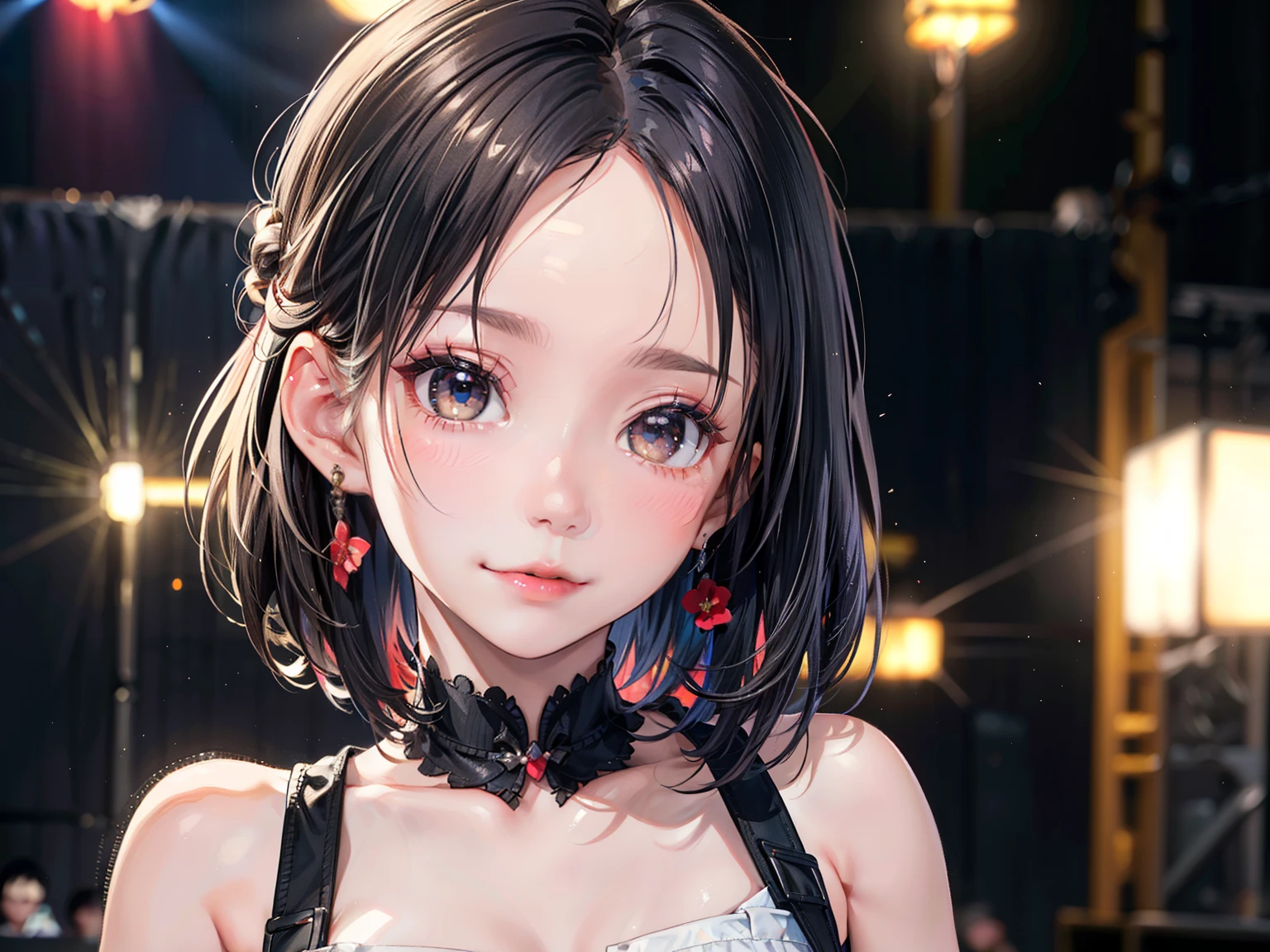 ((Best of the highest quality, 8k, Masterpiece, raw photo: 1.1)), (Sharp focus: 1.1), (1 AESPA, slim body type female, 22 y/o: 1.1), solo, Portrait Waist Up, (realistic, photo-realistic:1.37), face focus, cute face, finely eyes, (forehead, short hair, updo: 1.28), (sharp chin, droopy eyes: 1.32), (Emphasize prominent aegyo-sal with bright: 1.28), shimmering eyeshadow applied under the lower lash line, paired with thick, (small breasts, flat chest: 1.2), alternative outfit, walking on stage, microphone, flower,
