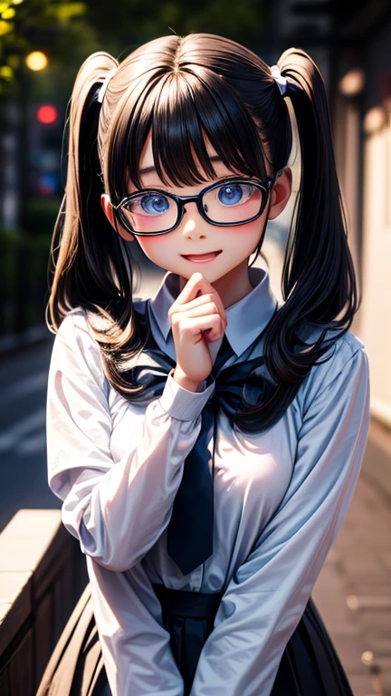 Highest quality,Photo quality,Ultra-high resolution,Professional Lighting,13 years old,Beautiful face like an actress、black eye、uniform、Twin tails、Open your mouth、cute、cute、cute、Glasses、whole body