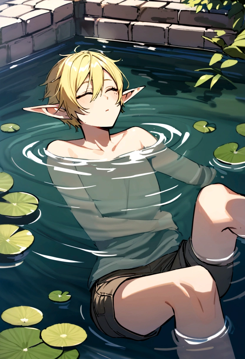 Elf man floating in water wearing only simple shorts,blonde elf man,Short Hair,Beautiful Water,Floating,relax,juvenile,Pond surrounded by cobblestones