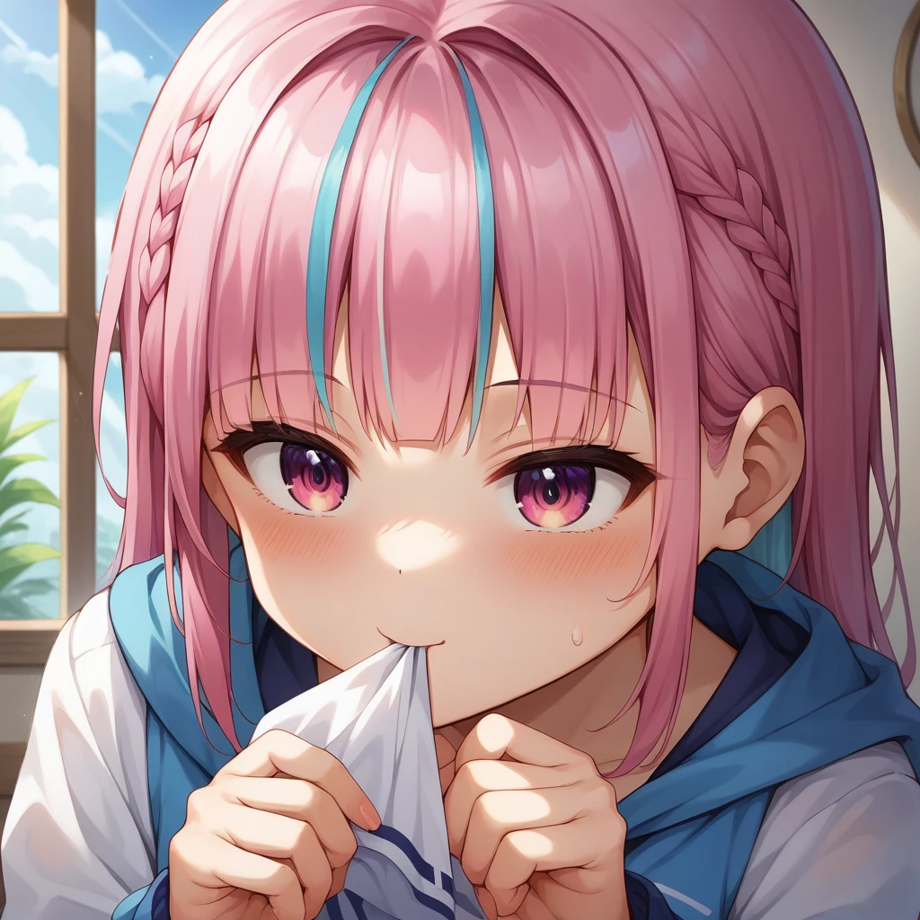 score_9, score_8_wonderful, anime, NSFW Hololive,Minato Akua, Pink hair, smelling one&#39;s own armpits, smelly armpits, huge breasts, huge butt, easy-to-give-birth body type, armpit hair, toilet, disgusted face, crying face, panties aside, pussy, pussy juice, 1boy kiss, vaginal penis, fat man, creampie, restraint