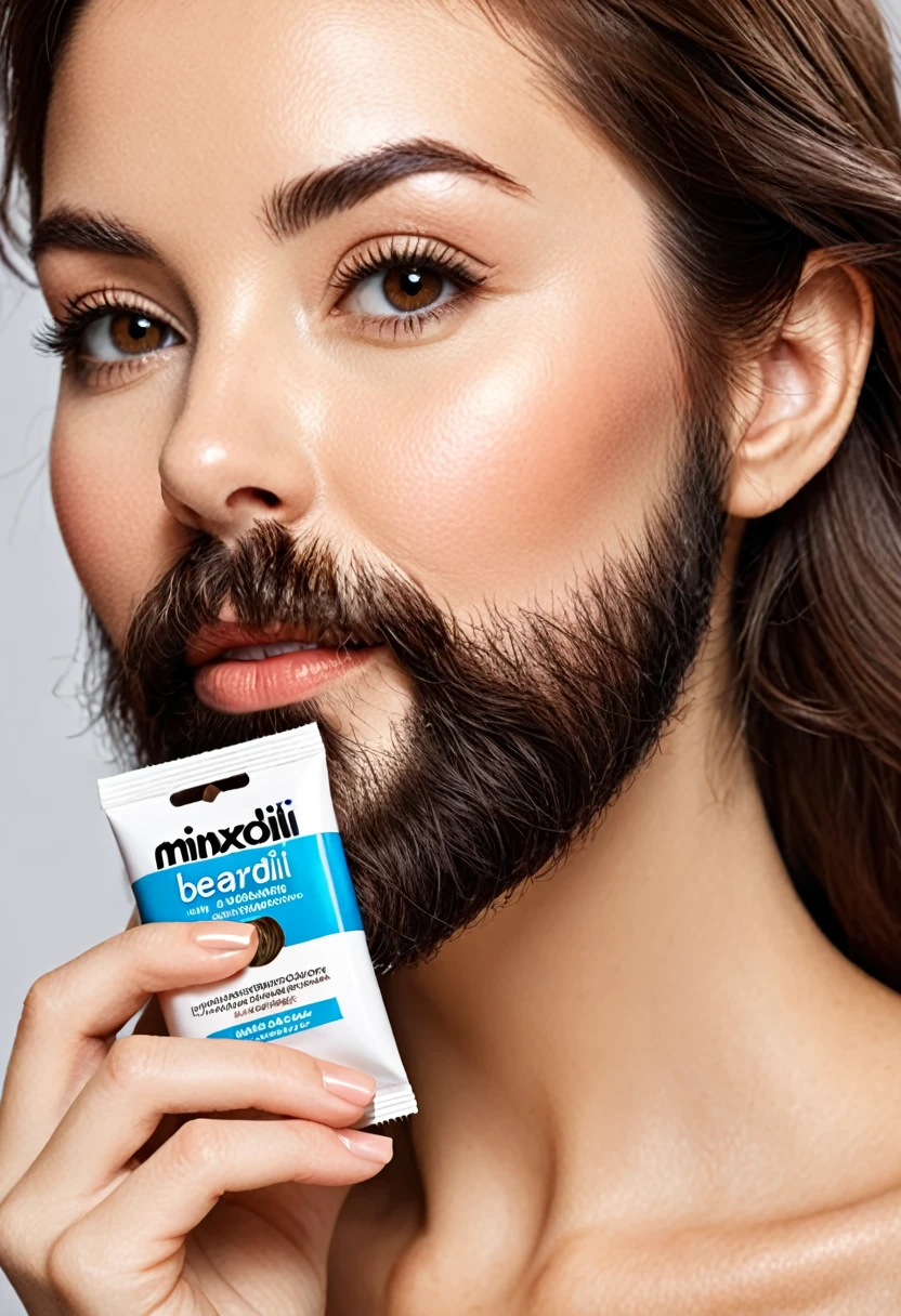 bearded woman, cheek hair, neck hair, shaggy, brown hair, hold a pack of minoxidil beard