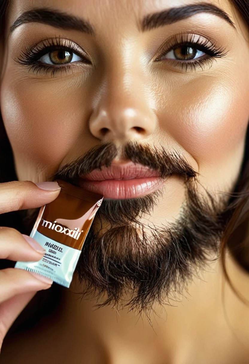 bearded woman, cheek hair, neck hair, shaggy, brown hair, hold a pack of minoxidil beard