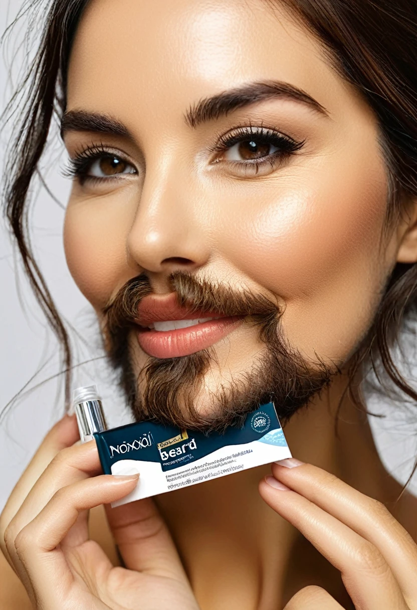 bearded woman, cheek hair, neck hair, shaggy, brown hair, hold a pack of minoxidil beard