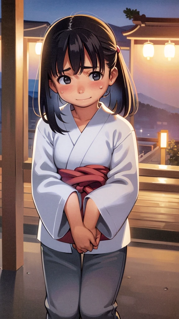 s、Pure girl、Cute smile、Sparkling Eyes、Healthy Skin、Summer night、White cloud、Blue sky、(fullbody shot)、Detailed Hair、Small breasts、slender、Looking at veiwer、Hair blowing in the wind、very loud laugh、Blushed cheeks、Sweaty face、Lots of sweat、ultla kawaii、black hair、ponytail、(japanese matsuri、YUKATA)