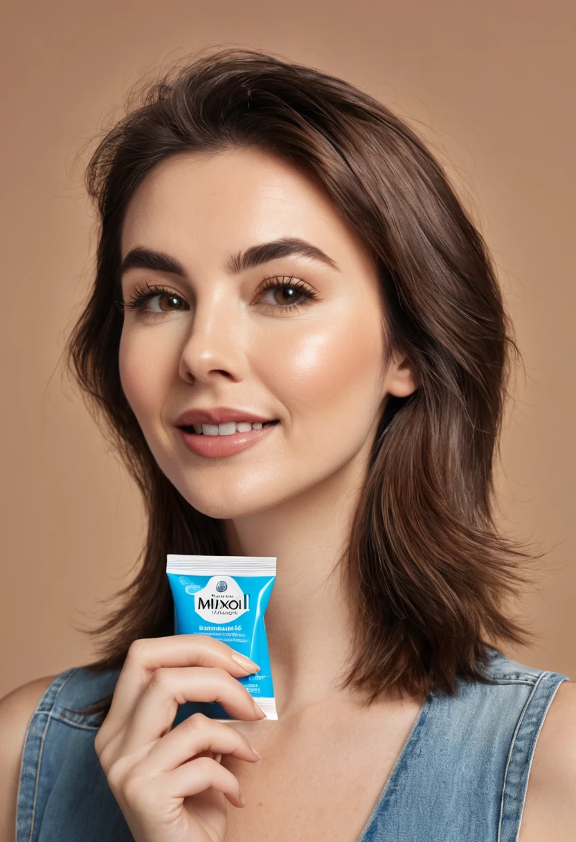 bearded woman, cheek hair, neck hair, shaggy, brown hair, hold a pack of minoxidil beard