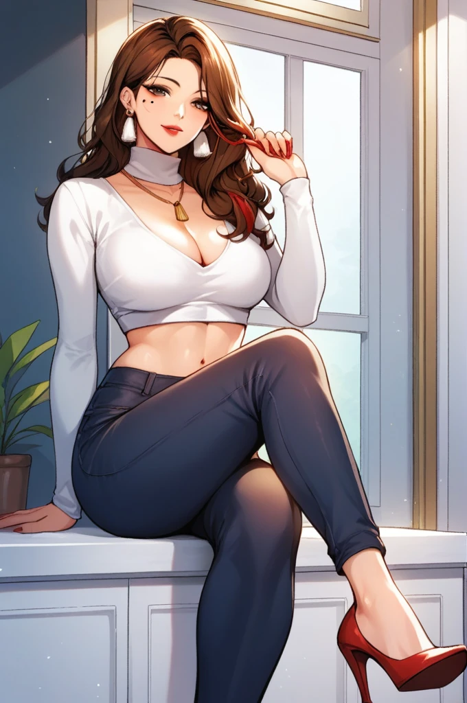 One woman ,short wavy hair ,red lipstick,face makeup,mole under right eye, tassel earrings, perfect mature body,cleavage, turtle neck white sweater,pants,brown hair,legs, heels,navel