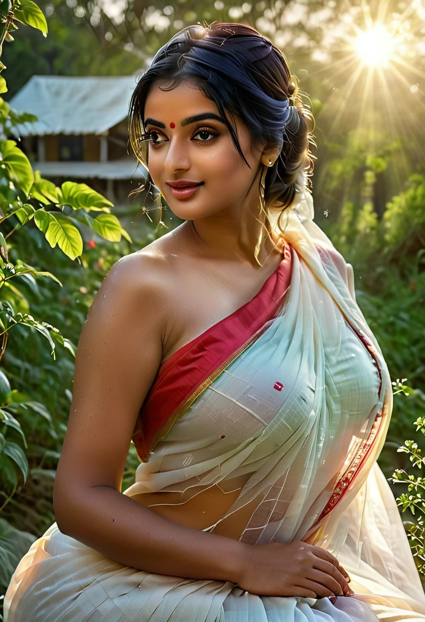 Photorealistic American of Beautiful naked American. Looking like zeenat amaan woman wearing a white saree, cooking food in front of her house, Photorealistic image of a beautiful American woman with sun-kissed skin and long, black hair tied in a loose bun. She wears a simple wet elegant cotton white transparent saree whitered border. Her  clearly visible. side pose,  side  visible and a peaceful smile rests on her lips. Background: Lush green hills bordering the river, with the rising sun casting a warm glow on the scene. Camera: Medium shot, 50mm lens, slightly off-center view. Render: High resolution, detailed, natural light, soft focus on background. Big , thick, georgeous, hot