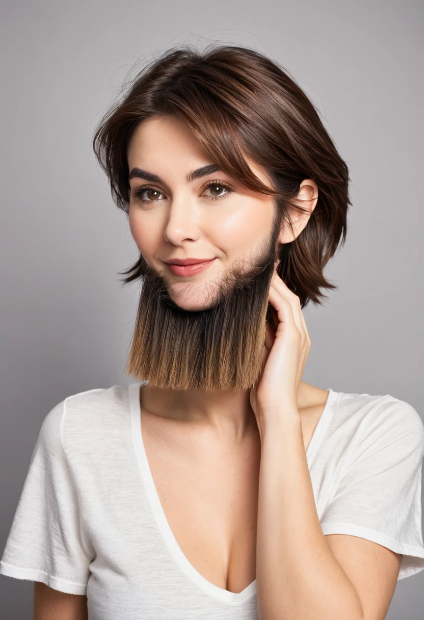 bearded woman, cheek hair, neck hair, shaggy, brown hair, hold a pack of minoxidil beard