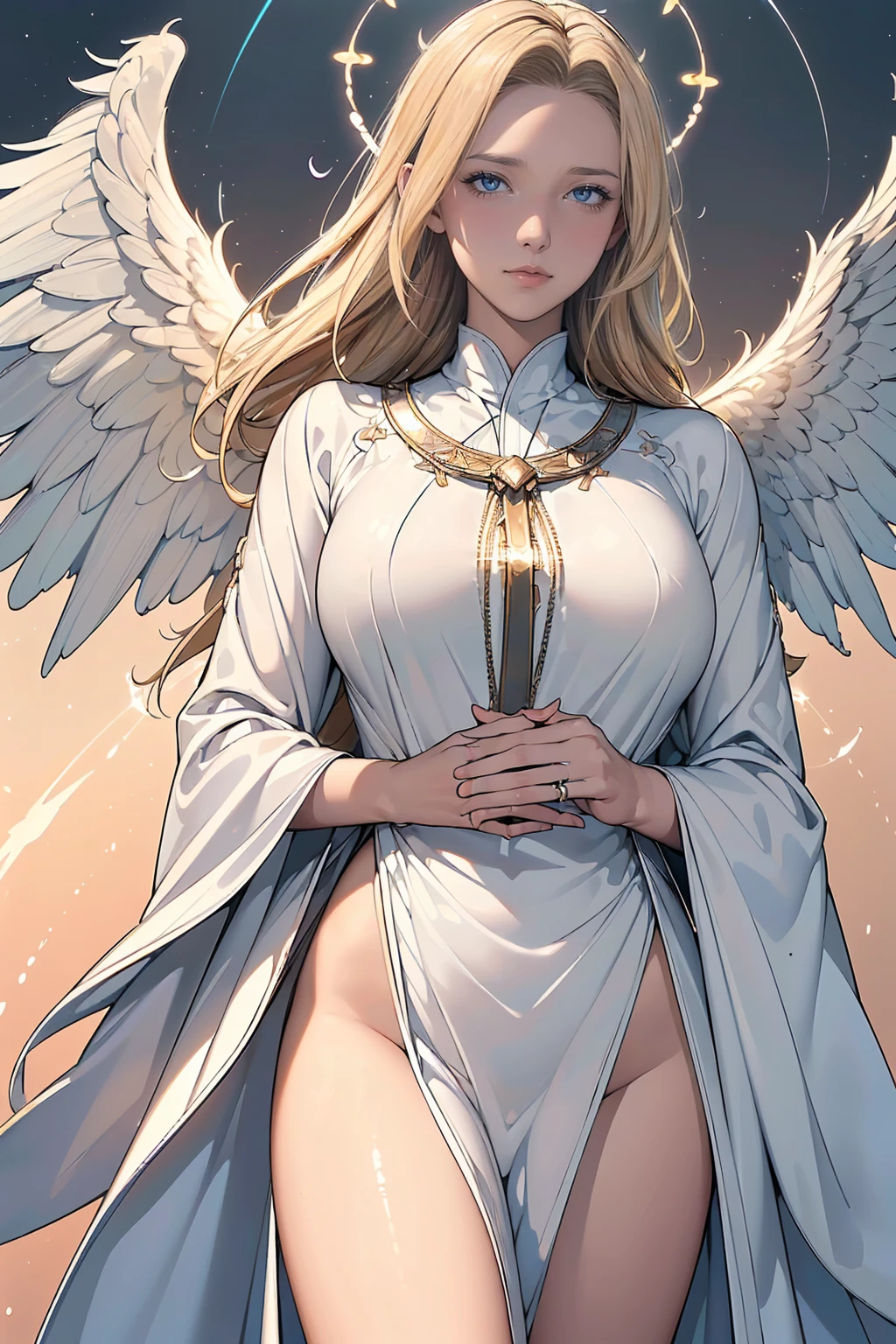(masterpiece,top quality,high quality)), ((8K wallpaper unified with high definition CG)), (huge stunning goddess shot, jaw dropping beauty, perfect proportions, beautiful body, slim body beauty:1.1), a contemporary religious painting, (((Thirteen angels appear in the pre-dawn sky))), ((beautiful blond hair and thin long robes fluttering:1.4)), (Circle of Angels, angel halo), (rings of light above their heads, large wings of light on their backs:1.5), (each of them holding a weapon in her hand and looking down on the city from above:1.2), ((view from below)),