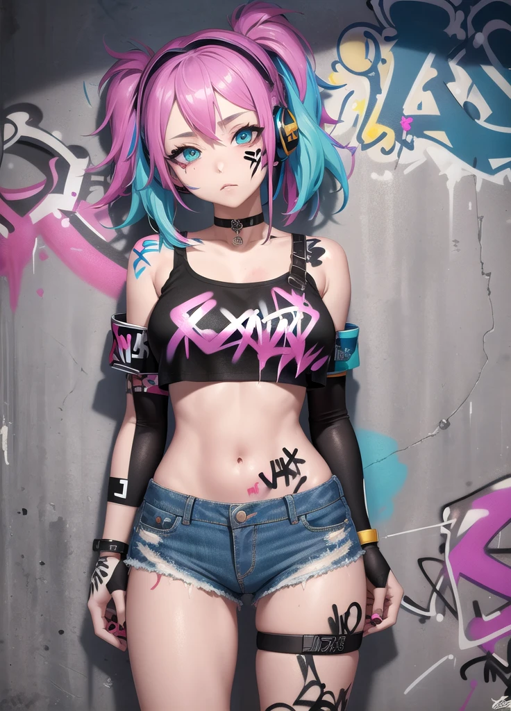 masterpiece, best quality, 1girl, solo, crop top, denim shorts, choker, (graffiti:1.5), paint splatter, arms behind back, against wall, looking at viewer, armband, thigh strap, paint on body, head tilt, bored, multicolored hair, aqua eyes, headset,
