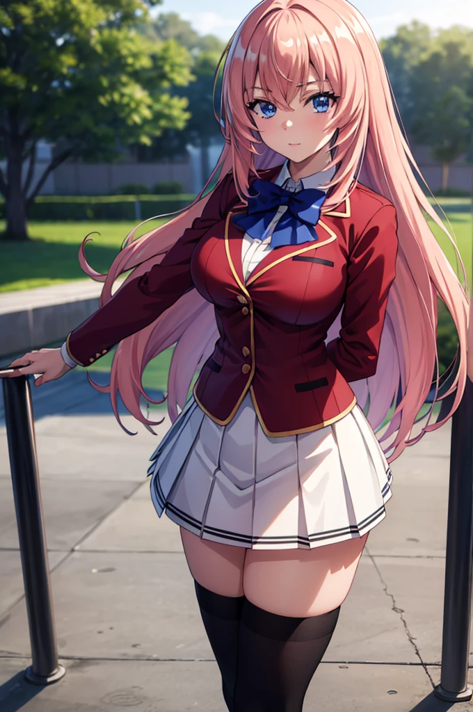 (masterpiece:1.3), (best quality:1.1), (8k, ultra detailed, ultra high res:1.2), ((anime style)), perfect 5 fingers, perfect anatomy,
1girl,
Ichinose honami,
Ichinose honami \(youjitsu\),
long hair,
pink hair,
blue eyes, round eyes, tareme,
blue bow,
large breasts,
red jacket, long sleeves, white skirt, pleated skirt, black calf socks,
looking at viewer,
cowboy shot,
perfect light,
(detailed background:1.2), outdoor, outside, school building,
