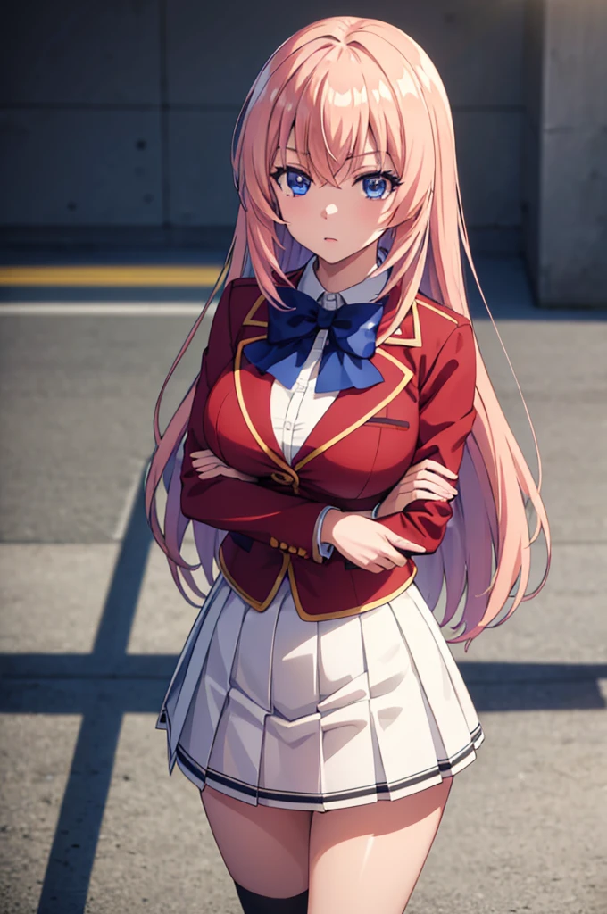 (masterpiece:1.3), (best quality:1.1), (8k, ultra detailed, ultra high res:1.2), ((anime style)), perfect 5 fingers, perfect anatomy,
1girl,
Ichinose honami,
Ichinose honami \(youjitsu\),
long hair,
pink hair,
blue eyes, round eyes, tareme,
blue bow,
large breasts,
red jacket, long sleeves, white skirt, pleated skirt, black calf socks,
looking at viewer,
cowboy shot,
perfect light,
(detailed background:1.2), outdoor, outside, school building,