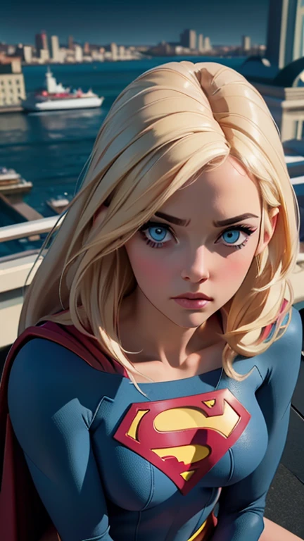 a supergirl sitting on a rooftop building, lost in deep thought, looking at the city, beautiful highly detailed eyes, beautiful blue eyes, both eyes are similar, beautiful detailed lips, extremely detailed face, long eyelashes, beautiful detailed tight costume, blonde hair, big breasts, dynamic pose, cinematic lighting, epic cityscape, moody atmosphere, dramatic shadows, vibrant colors, photorealistic, 8k, best quality, hyper detailed, masterpiece, cartoon style 