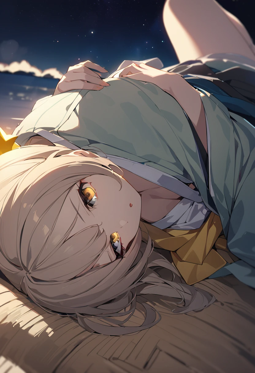 One girl, masterpiece, best quality, beautiful woman, light brown hair, yellow extensions, star hair ornament, golden eyes, round eyes, tareme, kimono, haori, night sky, lying on one's back, anime