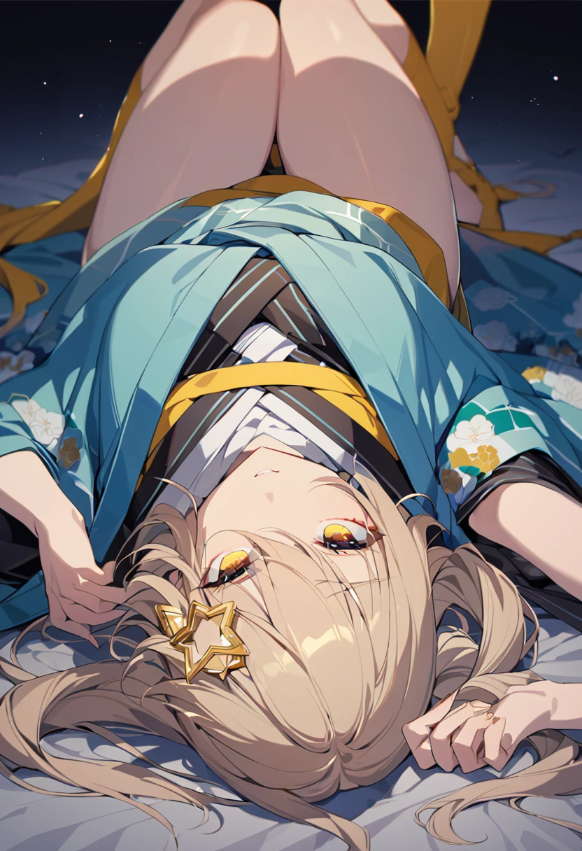 One girl, masterpiece, best quality, beautiful woman, light brown hair, yellow extensions, star hair ornament, golden eyes, round eyes, tareme, kimono, haori, night sky, lying on one's back, anime