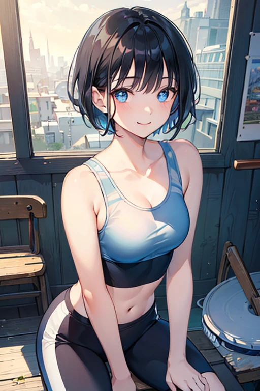 ((Highest quality)), ((masterpiece)), (Familiar), Illustration Style,Perfect Face,1 Girl,Black Hair,Short Hair,Glowing Skin,big, Bright Blue Eyes,Beautiful Bangs,Small breasts,Super Beauty,woman,,Sports Bra ,Beautiful clothes,noon,smile,bicycle