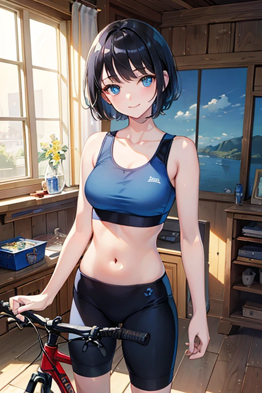 ((Highest quality)), ((masterpiece)), (Familiar), Illustration Style,Perfect Face,1 Girl,Black Hair,Short Hair,Glowing Skin,big, Bright Blue Eyes,Beautiful Bangs,Small breasts,Super Beauty,woman,16 years old,Sports Bra ,Beautiful clothes,noon,smile,bicycle