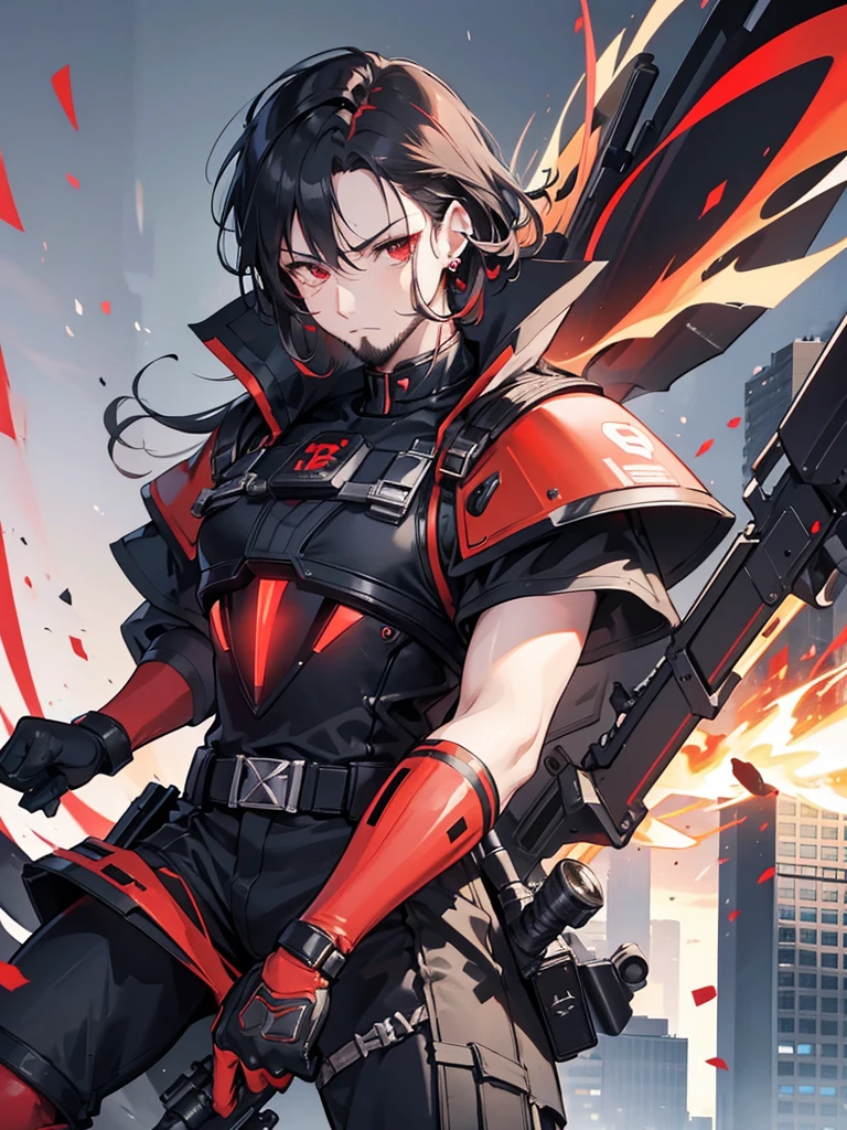 アニメ, grown-up. Supreme Marshal serious muscular slim strong with a long sniper flank gun with red plasma technological details. Short black hair on top combed back short high fade shaved on the side. Wearing dark black armor with various equipment with red technological details, well polished and polished with equipment vests on the waist with grenades and energy vials. Beautiful black and red earring. beautiful boss, male with short beard style elegant goatee. fund: He is on top of a building aiming a long sniper with red plasma technological details.