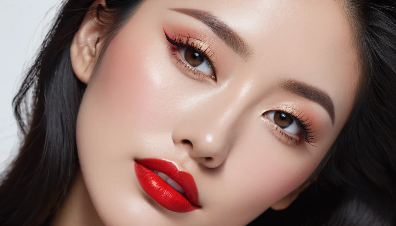 there is a woman with long black hair and a red lipstick, red lipstick on face, woman's face looking off camera, bright red lipstick, an asian woman, detailed face of a asian girl, detailed face with red lips, portrait of mulan, asian face, light-red lips, faint red lips, sexy face with full makeup, closeup shot of face. Close up photoshoot of model face, natural looking eyelash individual extensions, volume eyelash extensions, toned skin, high detailed image, masterpiece, highest quality, model look into space, studio light, white background, 50mm lens, close up portrait, focus on eyes, focus on eyelash extensions, eyelash extensions commercial photoshoot, naked bare shoulders, super realistic image, hith fidelity, high detailed natural looking skin, natural looking eyelashes, masterpiece, UHD, 4k, 
