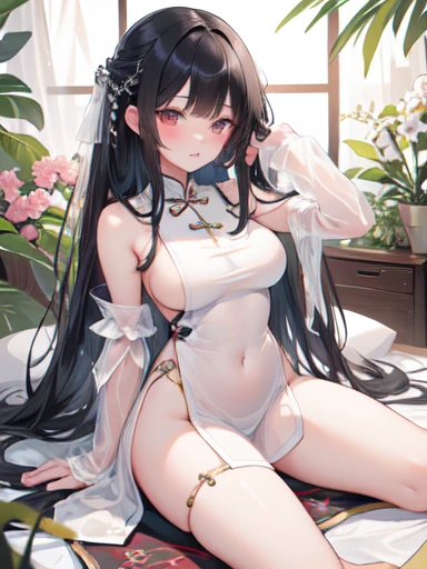 ((best quality)), (Ultra Detailed), ((Extremely detailed)), (fair), ((Kawaii girl)), ((Ultra HD)), (masterpiece), (high quality), (best quality), (4K), (high quality), (1 girl), (Random Action),Parted bangs, ((Hair intake)), Long hair, (Random Hairstyle), Larger breasts, slim body, (Siamese cheongsam), (Transparent fabric) Succubus normal arm