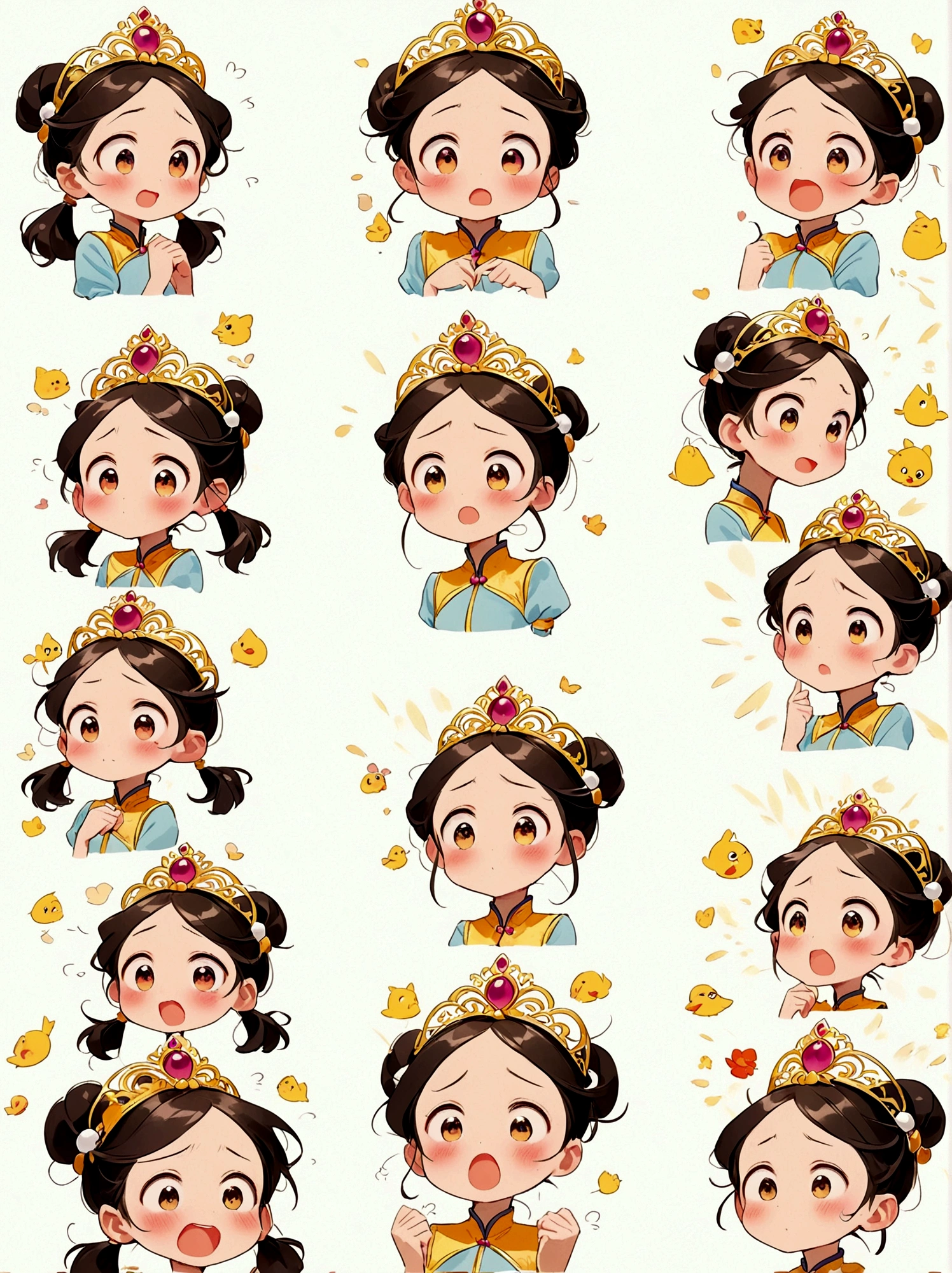 Cute and humorous Q version Chinese girl，big eyes，bust，sticker，6 different facial expressions，expression board，Various poses and expressions，Anthropomorphic style，Ancient and classic style，Showing a variety of emotions，Cartoon illustration，Vector illustration, (Nine Palace Grid Layout: 1.5)，(White background:1.5)，Clear outline，Perfect details，Clear boundaries，No crossover