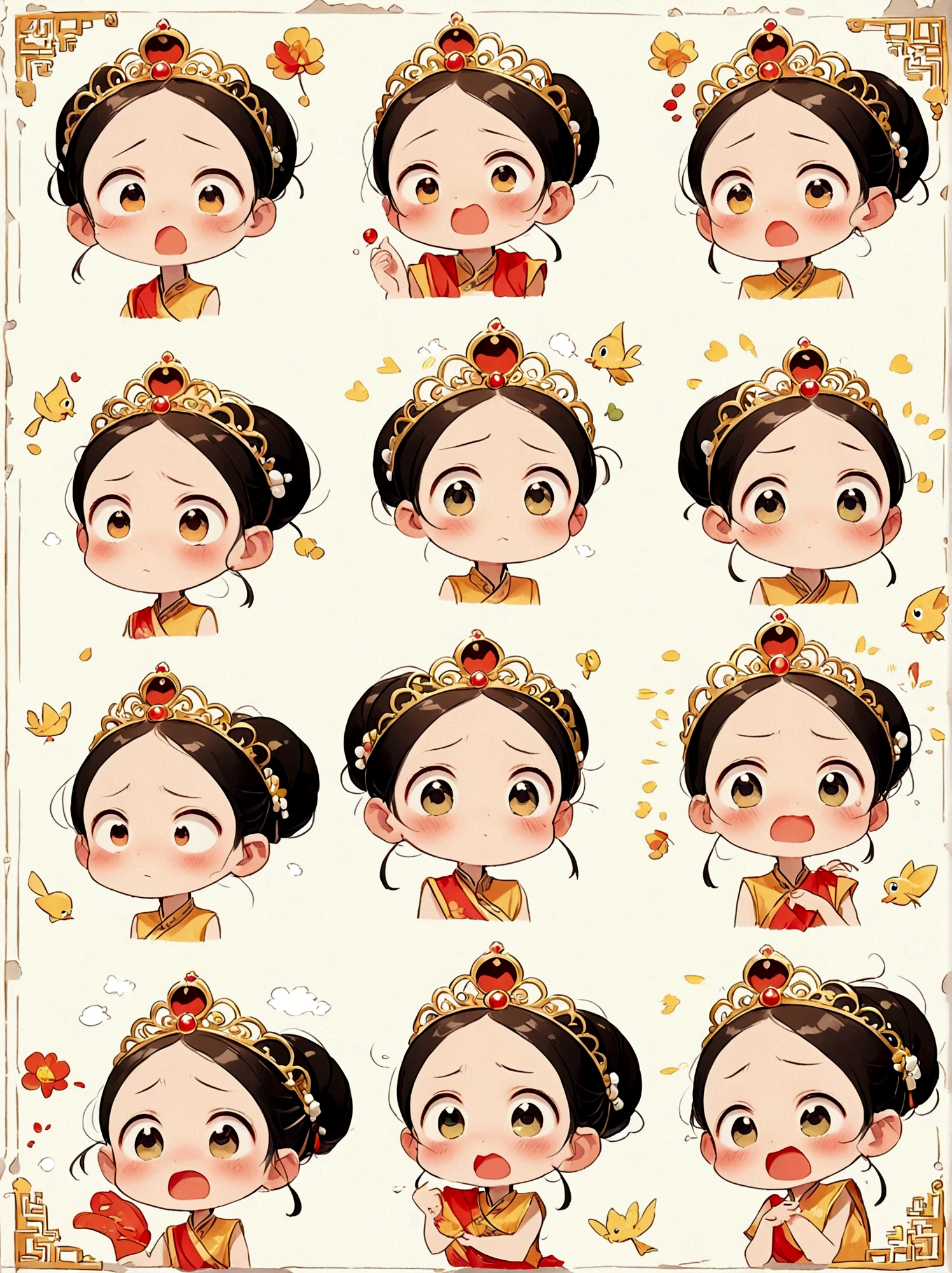 Cute and humorous Q version Chinese girl，big eyes，bust，sticker，6 different facial expressions，expression board，Various poses and expressions，Anthropomorphic style，Ancient and classic style，Showing a variety of emotions，Cartoon illustration，Vector illustration, (Nine Palace Grid Layout: 1.5)，(White background:1.5)，Clear outline，Perfect details，Clear boundaries，No crossover