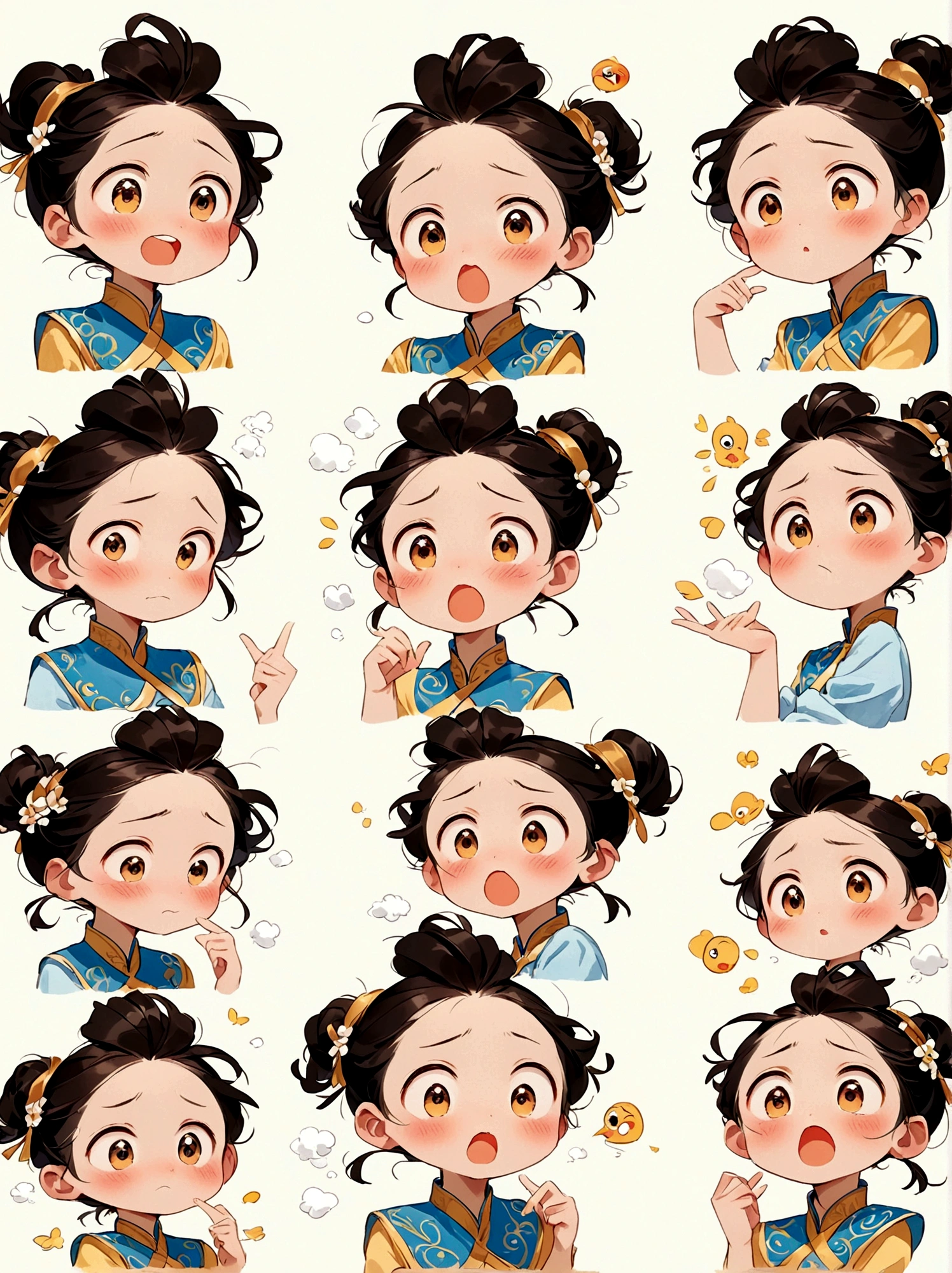 Cute and humorous Q version Chinese girl，big eyes，bust，sticker，6 different facial expressions，expression board，Various poses and expressions，Anthropomorphic style，Ancient and classic style，Showing a variety of emotions，Cartoon illustration，Vector illustration, (Nine Palace Grid Layout: 1.5)，(White background:1.5)，Clear outline，Perfect details，Clear boundaries，No crossover