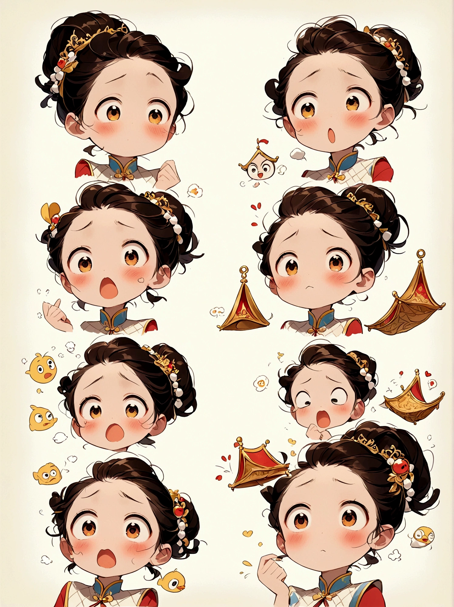 Cute and humorous Q version Chinese girl，big eyes，bust，sticker，6 different facial expressions，expression board，Various poses and expressions，Anthropomorphic style，Ancient and classic style，Showing a variety of emotions，Cartoon illustration，Vector illustration, (Nine Palace Grid Layout: 1.5)，(White background:1.5)，Clear outline，Perfect details，Clear boundaries，No crossover