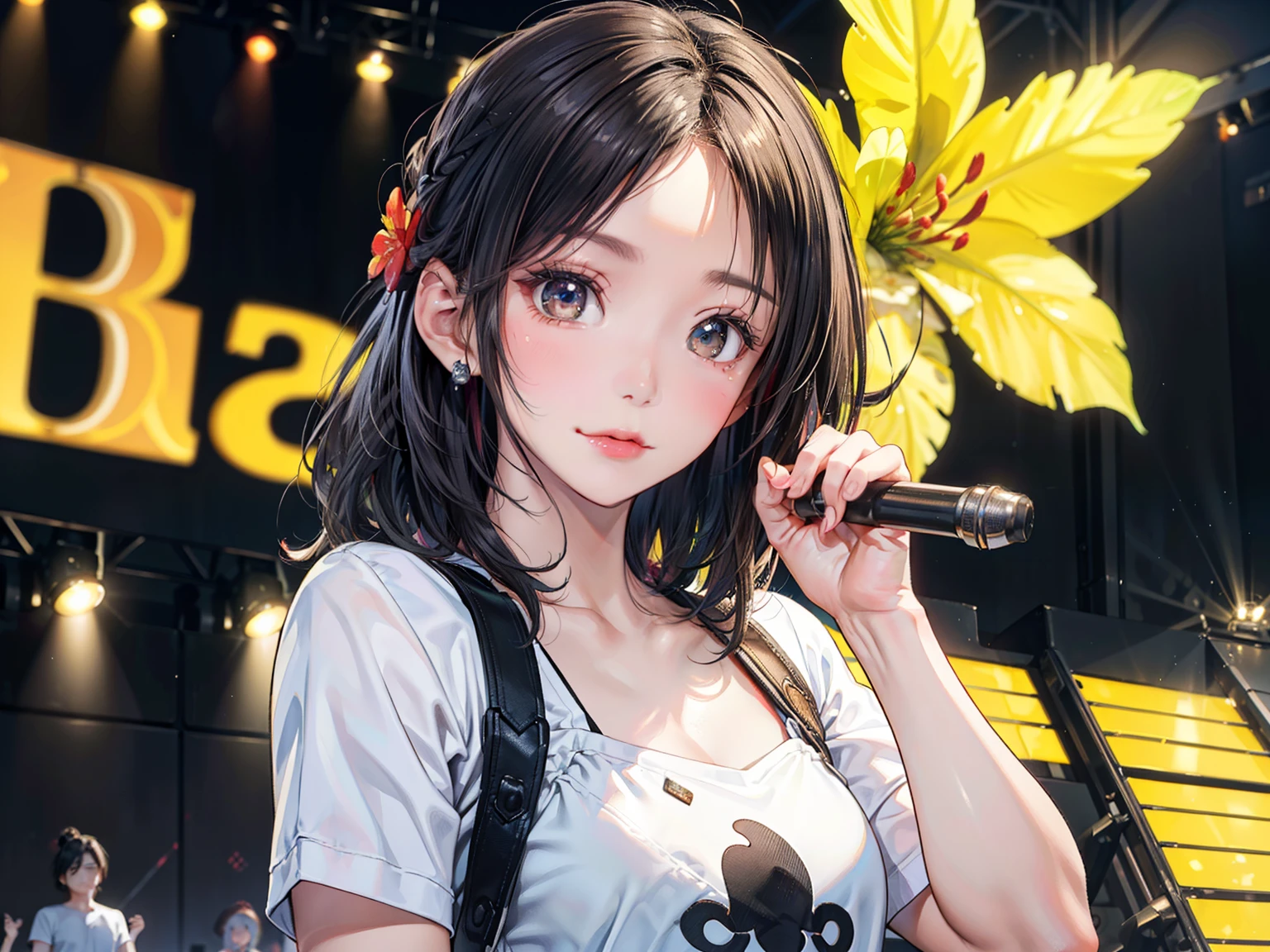 ((Best of the highest quality, 8k, Masterpiece, raw photo: 1.1)), (Sharp focus: 1.1), (1 AESPA, slim body type female, 22 y/o: 1.1), solo, Portrait Waist Up, (realistic, photo-realistic:1.37), face focus, cute face, finely eyes, (forehead, short hair, updo: 1.28), (sharp chin, droopy eyes: 1.32), (Emphasize prominent aegyo-sal with bright: 1.28), shimmering eyeshadow applied under the lower lash line, paired with thick, (small breasts, flat chest: 1.2), alternative outfit, T-shirt, walking on stage, microphone, flower,
