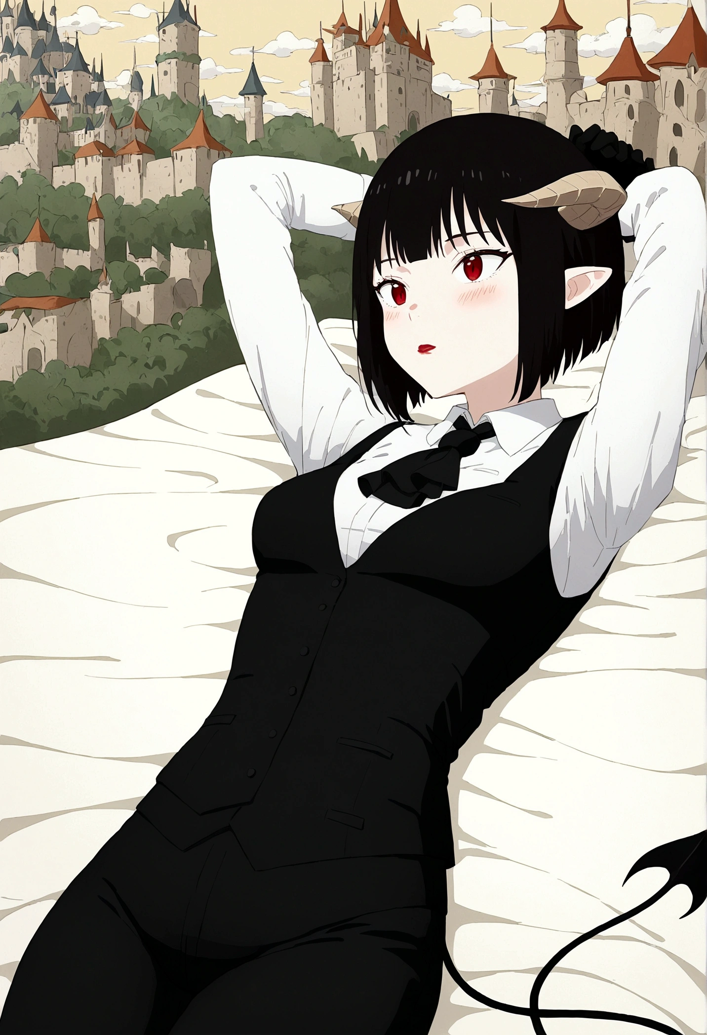 work of art, best qualityer, high resolution, 1girl horns short hair demon tail, white shirt black ascot black gloves black pants black vest lying on your back, sheet, Hands behind the head,Eyes red,blushed,slender,brava,castle
