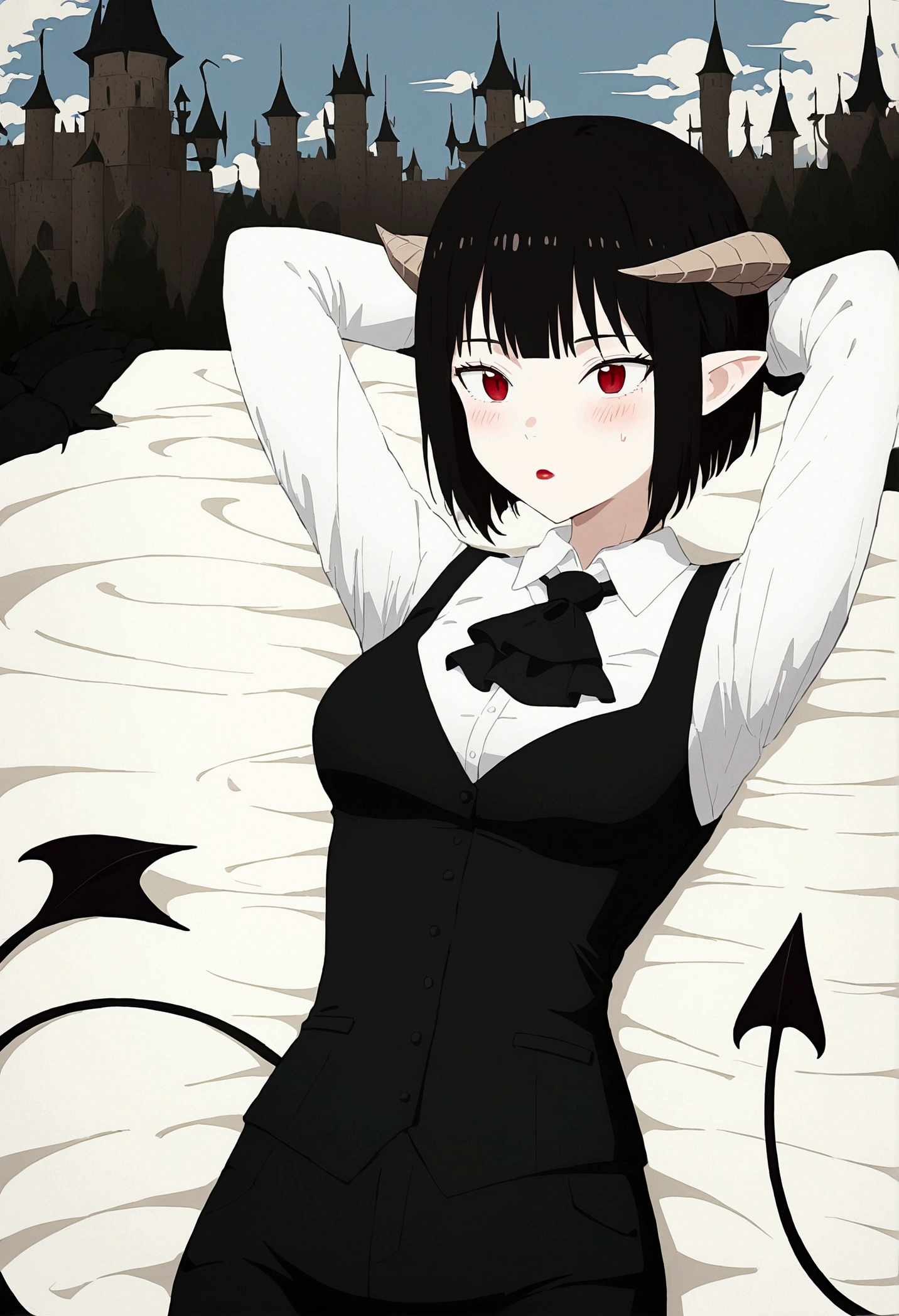 work of art, best qualityer, high resolution, 1girl horns short hair demon tail, white shirt black ascot black gloves black pants black vest lying on your back, sheet, Hands behind the head,Eyes red,blushed,slender,brava,castle
