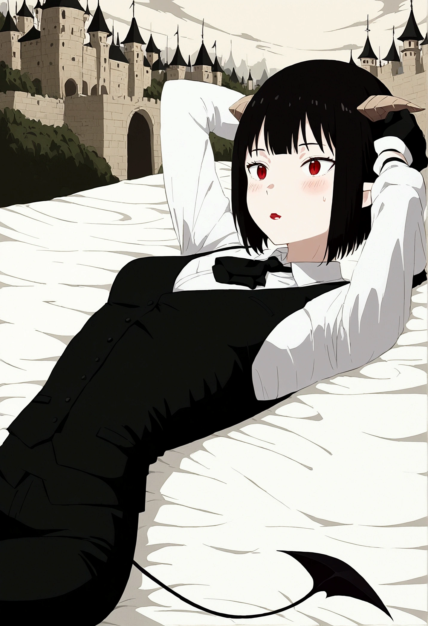 work of art, best qualityer, high resolution, 1girl horns short hair demon tail, white shirt black ascot black gloves black pants black vest lying on your back, sheet, Hands behind the head,Eyes red,blushed,slender,brava,castle
