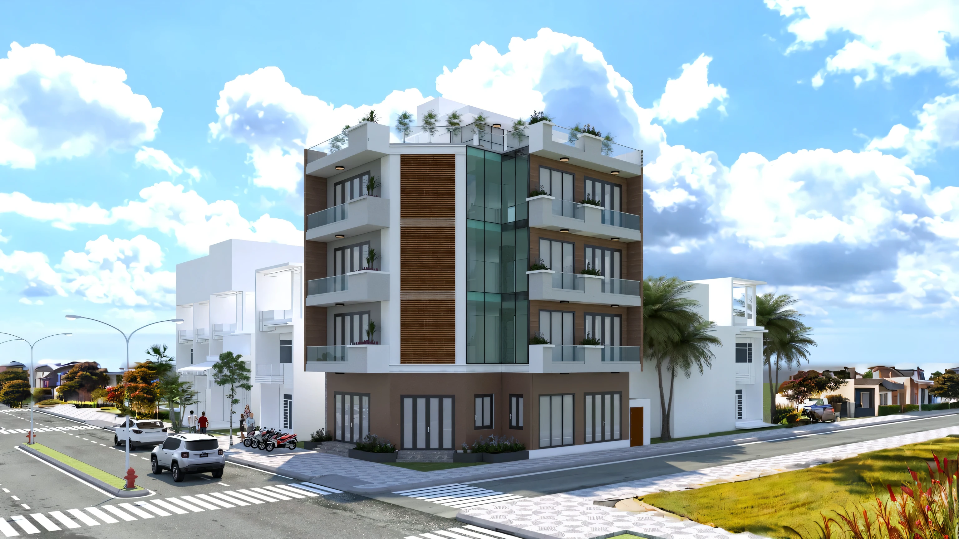 Increase photo details, add townhouses and trees