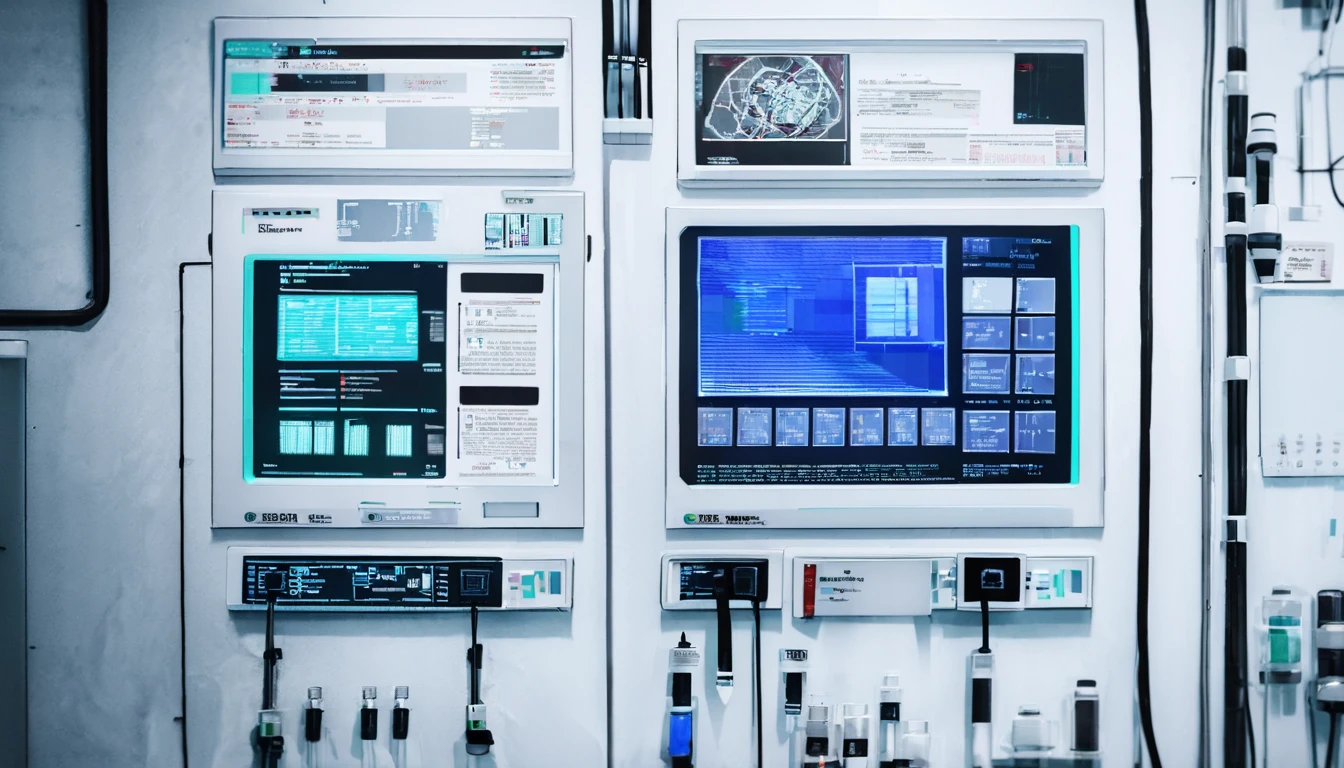 Wall close-up photography, Take a photo straight-on facing the wall. A futuristic clinic features monitors displaying medical and chemical data.。Bright spot with white walls, Scientific research, The camera is parallel