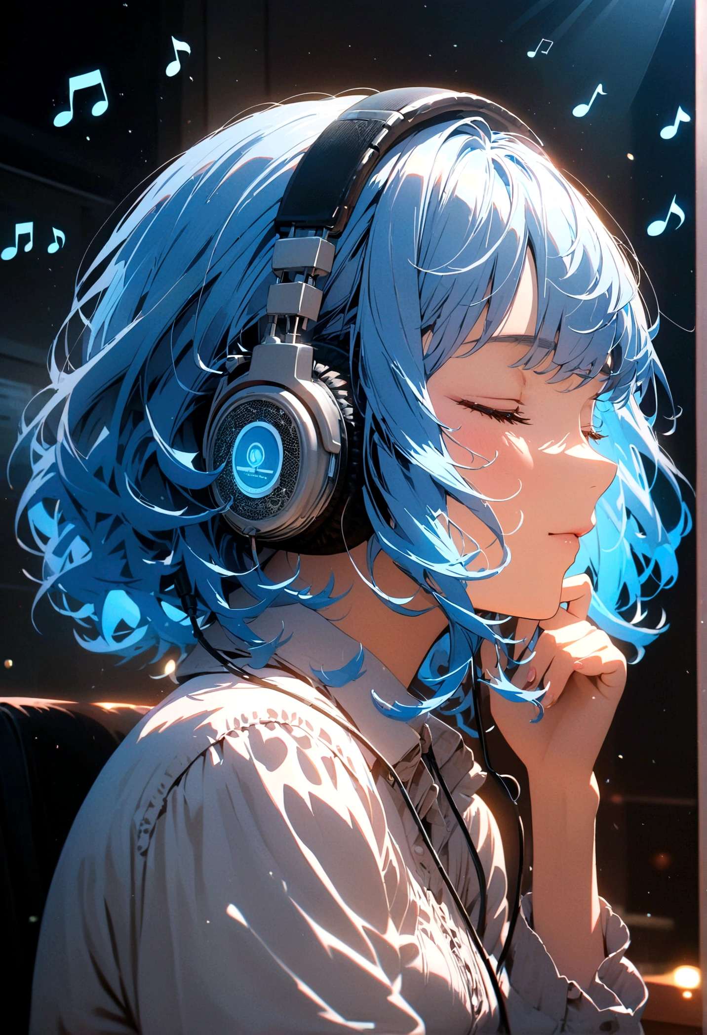 Anime style, masterpiece, ultra-detailed, 8K, A girl with blue hair is listening to the radio with her eyes closed. She is enjoying the music, and musical notes are floating around her.