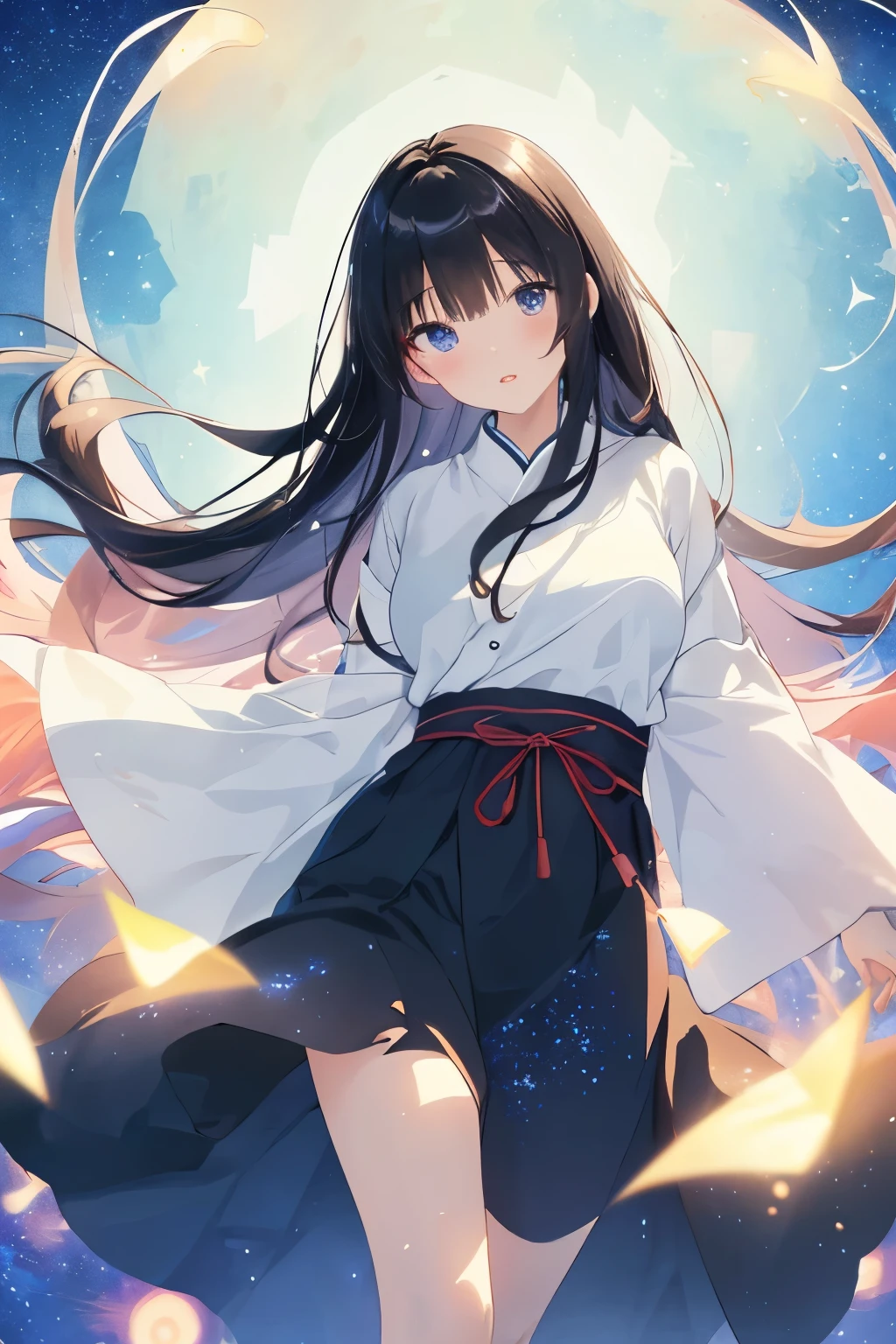 best quality, masterpiece, (独奏:1.2), (1 Female:1.2)、Age 25、Larger breasts、(Slender figure)、(Tanabata Orihime)、(White highlight in pupil:1.2)、Dark blue eyes、(Black-haired:1.2)、Straight bangs、(Long Hair)、(View your viewers:1.2)、White skin、(blush)、(Lively expressions)、(I blur the background a lot to make the woman stand out.:1.3)、(abstract style background:1.2)、(Wind-feeling background)、(Tanabata-like background:1.2)、(Bamboo)、(Night starry sky:1.3)
