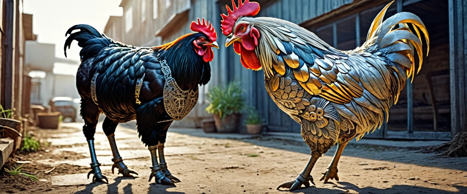 a mighty rooster with the head of a chicken and the body of a cow, 4 legs, robot, realistic photo style, ((Intricate detail)), hdr, ((Intricate detail, super detail) ), cinematic shots, textures