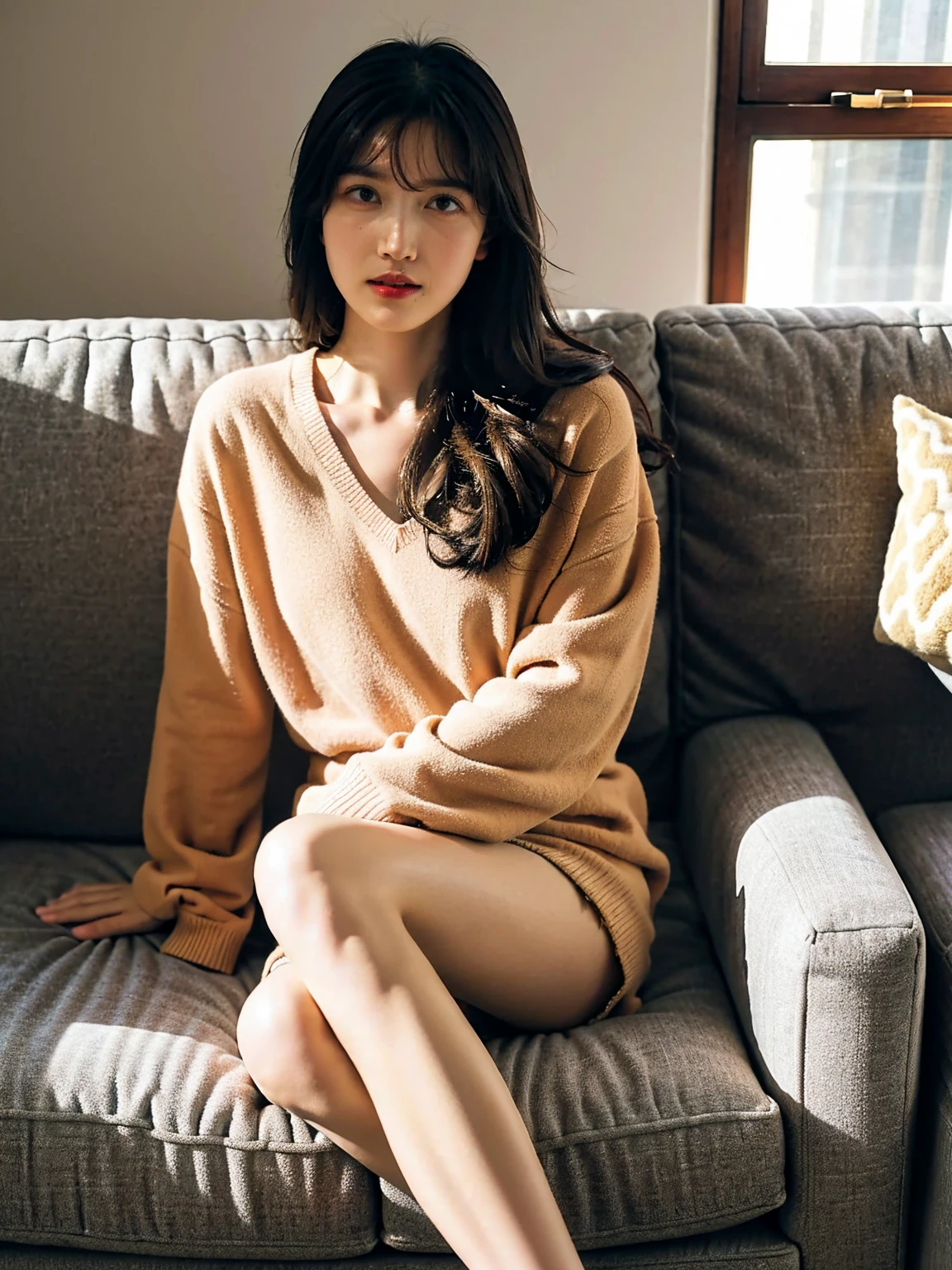 1girl,sitting on a cozy couch,crossing legs,soft light