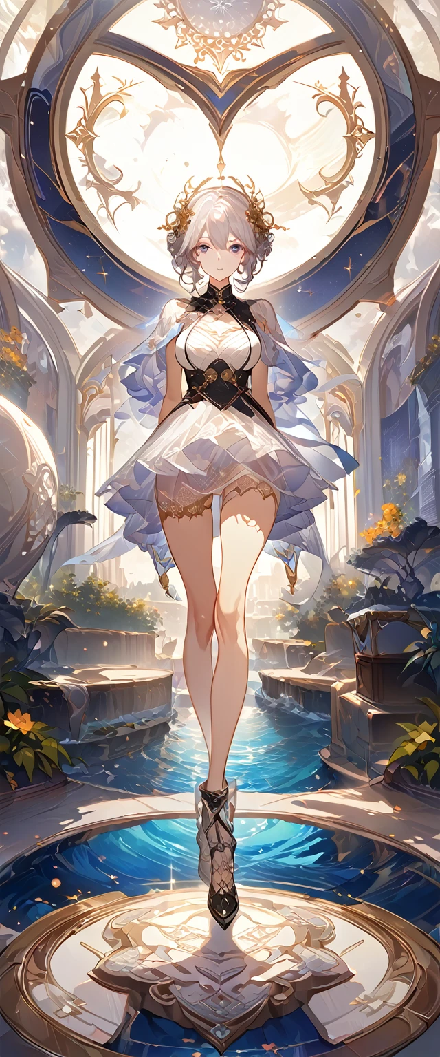 best quality ,masterpiece, illustration, an extremely delicate and beautiful, extremely detailed ,CG ,unity ,8k wallpaper, Amazing, finely detail, masterpiece, best quality, official art, extremely detailed CG unity 8k wallpaper, solo, thigh focus, (full body), arms behind back, white background, finely detailed face and eyes, extreme detail, detailed face, detailed hair, detailed clothes, high quality, slim body, big chest, water, masterpiece:1.3, focus:1.2, skirt, short skirt, transparent skirt, lace skirt, all kind of pose, big , hair ornament, meticulous clothes, inspired by Asukaziye artist : ask, art style : ask