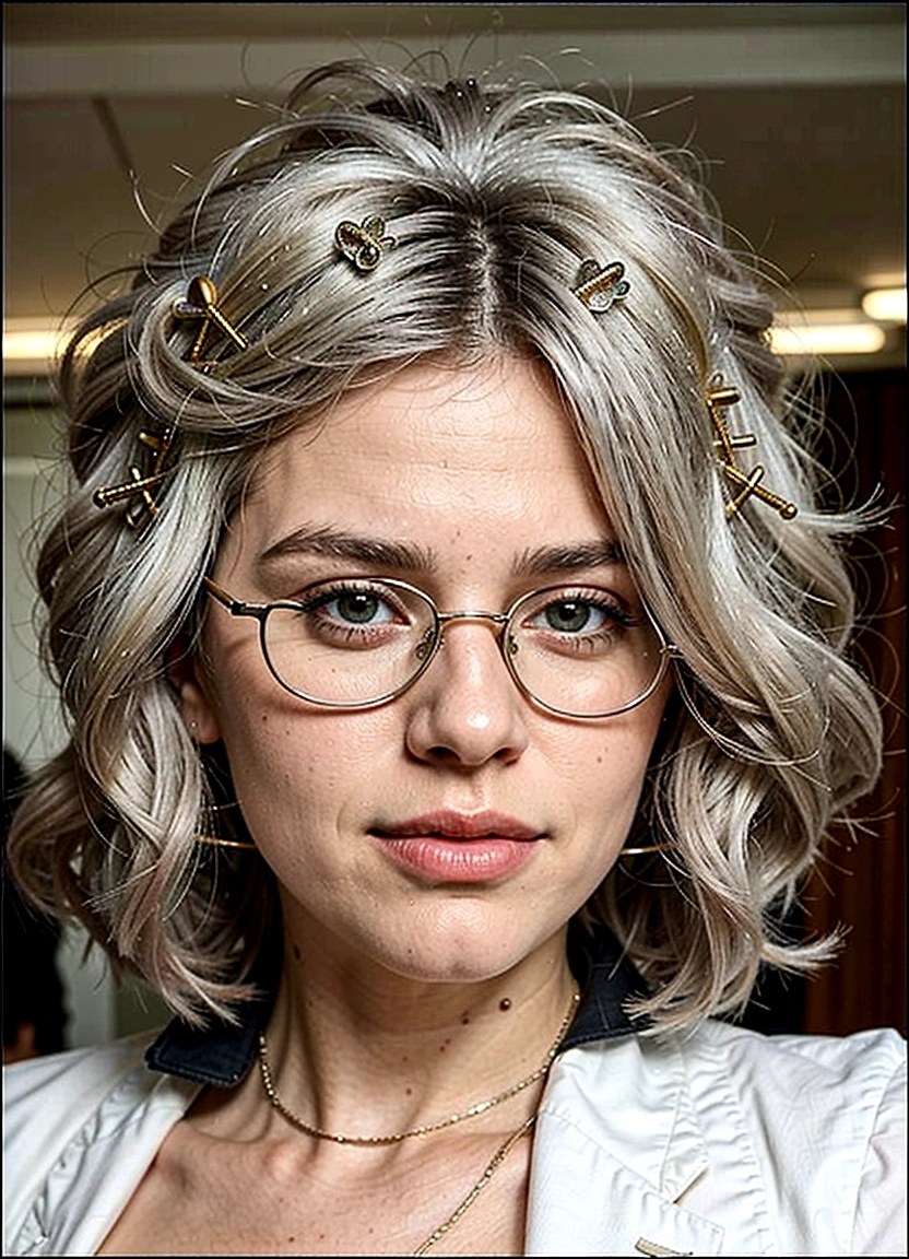 make her older with white hair and round glasses