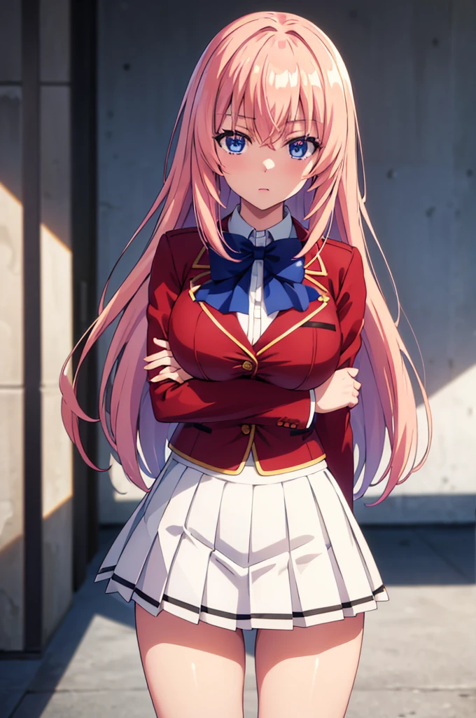 (masterpiece:1.3), (best quality:1.1), (8k, ultra detailed, ultra high res:1.2), ((anime style)), perfect 5 fingers, perfect anatomy, arms behind back,
1girl,
Ichinose honami,
Ichinose honami \(youjitsu\),
long hair,
pink hair,
blue eyes, round eyes, tareme,
blue bow,
large breasts,
red jacket, long sleeves, white skirt, pleated skirt, black calf socks,
loBREAK oking at viewer,
cowboy shot,
perfect light,
(detailed background:1.2), outdoor, outside, school building,