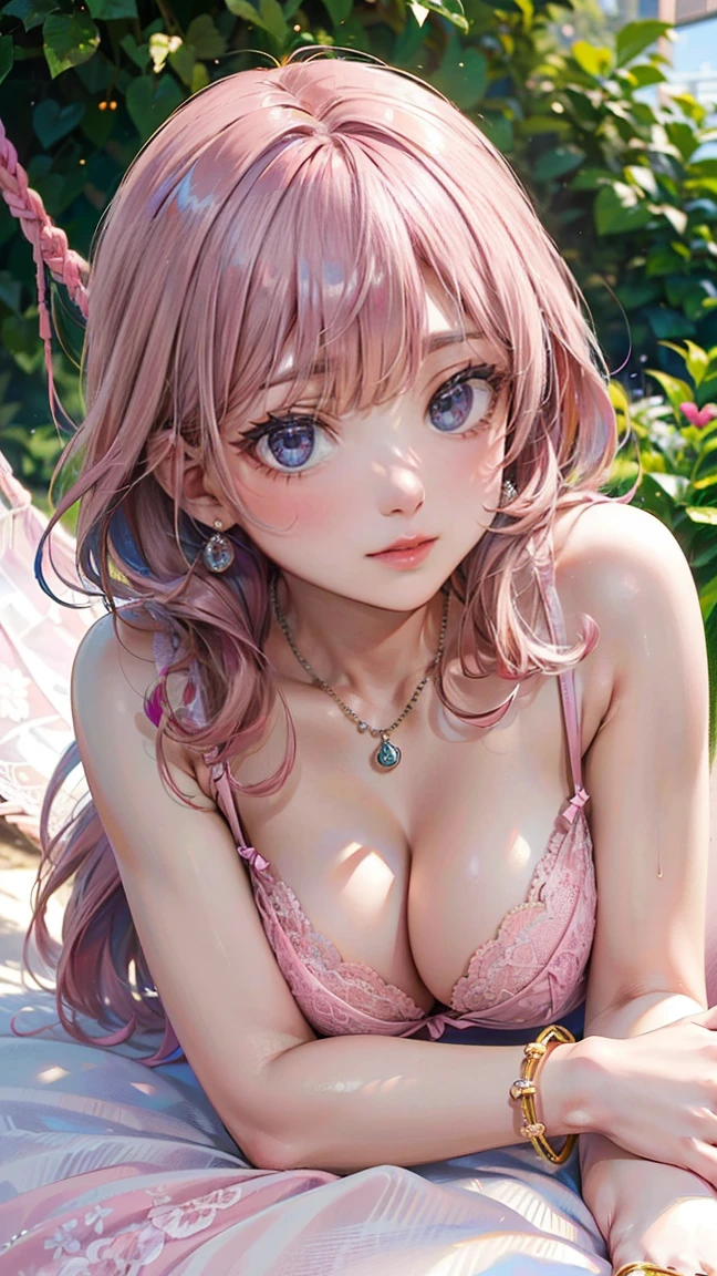 (Masterpiece, BestQuality:1.3), (ultra detailed:1.2), (hyperrealistic:1.3), (RAW photo:1.2), High detail RAW color photo, professional photograph, (Photorealistic:1.4), (realistic:1.4), (Pink Hair:1.5), professional lighting, perfect anatomy, (Big Breasts:1.2), (blush, detailed face), (cheerful Smile:1.5), Trending Hair&Trending Hairカラーをランダムに, earrings, necklace, bracelet, sexly, erotic sexly, Random sexy gravure poses, (Beautiful cosplayer wearing pink lace lingerie、Lying in a hammock in a summer garden、She has a sensual smile。White sandals on her feet。: 1.3)