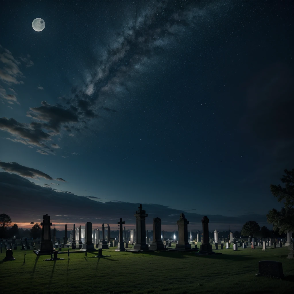 Scenery of a cemetery at night with moonlight, super detaill, epic composition, ultra HD, high qualiy, extremely detaild, offcial art, 8k unified wallpaper, super detaill, 32k - v.6